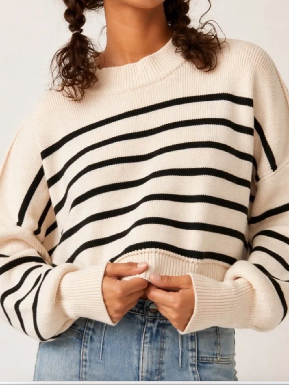 Free People Easy Street Striped Crop Sweater S Ivory Black Boho Oversized
